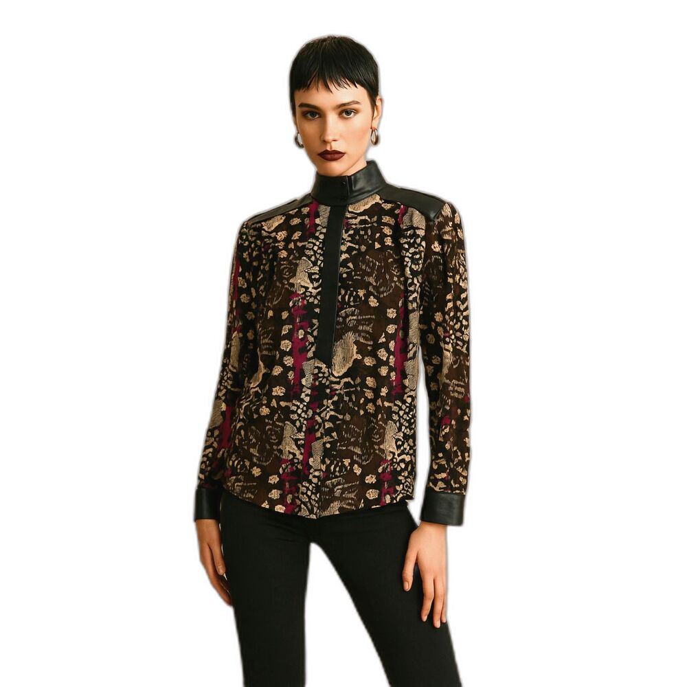 Vintage Della Roufogali Silk Button Up Leather Trim Blouse Shirt  Women's Size 8